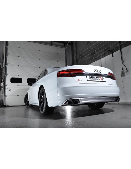 Audi S8 4,0TFSi V8 Milltek Sport Cat-Back 4x 100 svarta GT utblås med aktiva avgasventiler - Resonated (dämpad)