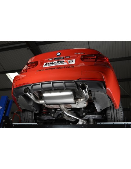 BMW 328i automat F30 Milltek Cat-Back 2x 90 chrome GT utblås (kräver 335i F30 diffuser) - Non-Resonated (mindre-dämpad)