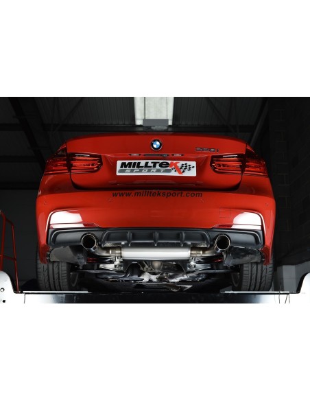 BMW 328i automat F30 Milltek Cat-Back 2x 90 chrome GT utblås (kräver 335i F30 diffuser) - Resonated (dämpad)