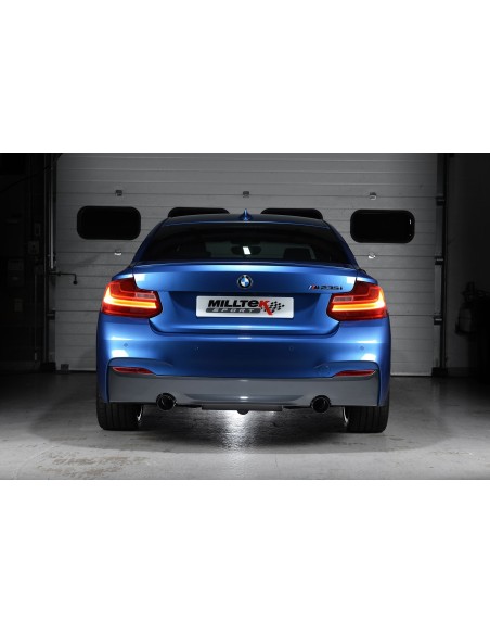 BMW M235i (ej X-drive) Milltek Sport Cat-Back 2x 90 svarta GT utblås - Resonated (dämpad) utan avgasventiler