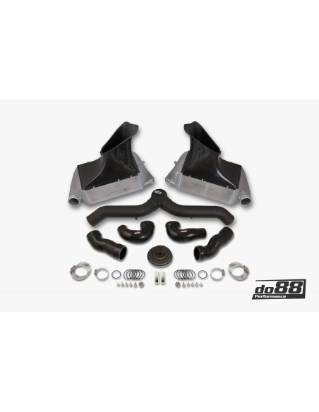 Porsche 997.1 GT2 DO88 Intercooler kit Big Pack med svart aluminium Y-rör & Inloppsslangar till turbos svarta slangar