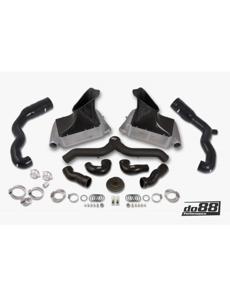 Porsche 997.1 GT2 DO88 Intercooler kit Big Pack med svart aluminium Y-rör & Inloppsslangar till turbos svarta slangar