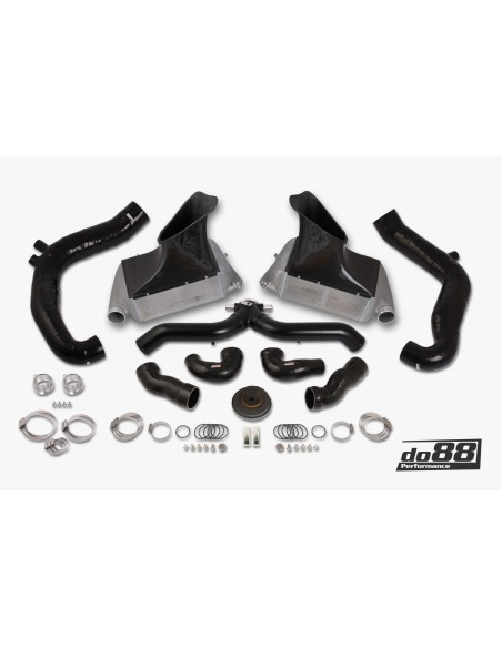 Porsche 997.2 Turbo DO88 Intercooler kit Big Pack med svart aluminium Y-rör & Inloppsslangar till turbos svarta slangar